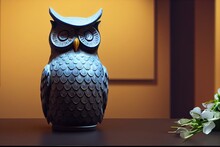 An Owl Statue Sitting On A Table Next To A Vase Of Flowers And A Vase Of Flowers In A Vase On A Table Next To A Blue Couch. Generative Ai