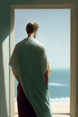 Sticker - a lonely man stands at an open door overlooking the sea
