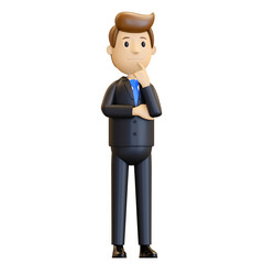 3d man. Businessman in suit. Office worker thinking about a new idea. 3D illustration, isolate. A friendly employee of the company thought about important issues. Illustration in cartoon style.