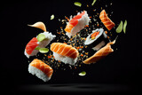 Fototapeta Dinusie - Sushi maki pieces flying in air, Japanese food on black background