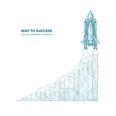 3D Space shuttle launch and growth chart. Abstract concept of rapid rapid growth or takeoff. Technology digital Vector illustration. Polygons and lines on white background.