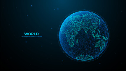 Eastern hemisphere. Abstract digital isolated Earth. Technology polygonal globe on dark background. Futuristic vector illustration. Sci fi blue planet.