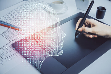 Fototapete - Double exposure of brain sketch hologram and woman holding and using a mobile device.