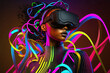 © ADDICTIVE STOCK - Generative AI illustration of black woman in VR headset with glowing lines