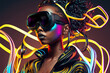 © ADDICTIVE STOCK - Generative AI illustration of black woman in VR headset with glowing lines