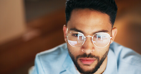 Night, reflection and glasses of businessman at computer for digital, software and web design programming. Strategy, designer and coding with employee in office and overtime for cybersecurity network