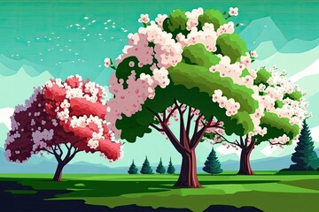 Sticker - Spacing of cherry trees with their flowers. Generative AI