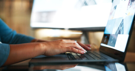 Research, laptop and hands of business woman and typing for planning, web design and advertising idea. Technology, creative and software with employee and keyboard in digital agency