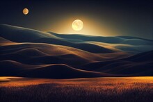 3d Modern Art Mural Wallpaper, Night Landscape With A Dark Background. Black Mountains And Moon, Trees, Deer, And Golden Lines. Generative AI