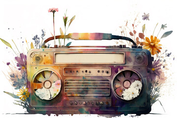 Vintage radio with flowers in watercolor style. Generative AI.