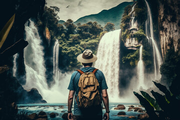 Wall Mural - Tourist visiting an exotic island with waterfalls. Generative AI. 