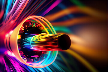 Sticker - abstract fiber optical network cable on a multi colored glow background. Generative AI