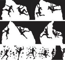 People Man Woman And Children Rock Climbing Vector Silhouette Of Indoor Outdoor Free Climbers Collection