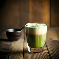 Matcha green latte tea, matcha powder on wood dark background. 