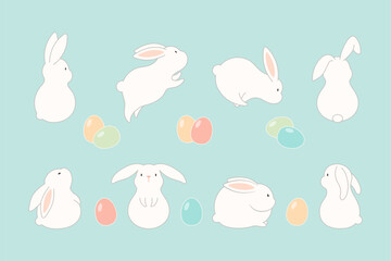 Wall Mural - Easter bunnies, cute rabbits, dyed eggs, isolated holiday elements clipart collection. Vector illustration. Line art style design. Cartoon characters set for card, banner, poster, decor, seasonal sale