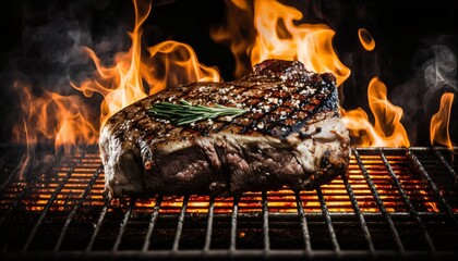 steak on a grill grate with flames, generative ai