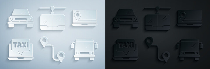 Sticker - Set Route location, Laptop with marker, call taxi service, Bus, Cable car and Car icon. Vector