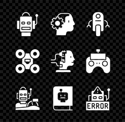 Poster - Set Robot, Humanoid robot, humanoid driving car, User manual, Error, Drone and for maintenance icon. Vector