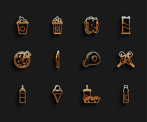 Sticker - Set line Sauce bottle, Ice cream in waffle cone, Popcorn cardboard box, Paper glass with drinking straw and hotdog, Bottle of water, Knife,  and Scrambled eggs icon. Vector