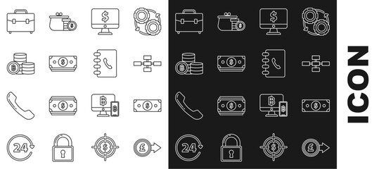 Poster - Set line Coin money with pound sterling symbol, Business hierarchy organogram chart infographics, Computer monitor dollar, Cryptocurrency coin Bitcoin, Briefcase and Address book icon. Vector