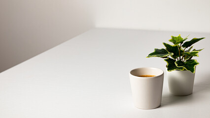 Taza de café con una planta en fondo blanco con espacio para agregar texto 