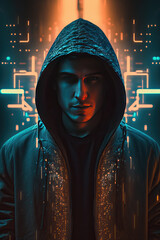 Man hacker with hood with programming codes and symbols. Generative AI