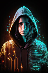 Woman hacker with hood with programming codes and symbols. Generative AI