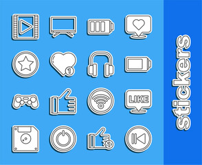 Poster - Set line Rewind, Like speech bubble, Battery charge level indicator, and heart, Star, Play Video and Headphones icon. Vector