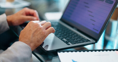 Wall Mural - Closeup hands typing, laptop and businessman with schedule planning, calendar and goals for company. Mobile computer keyboard, analytics and data for growth, development or report in modern office