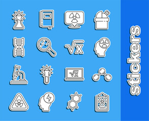 Sticker - Set line Radiation warning document, Molecule, Head and radiation symbol, Radioactive location, Magnifying glass, DNA, Test tube flask and Square root of x glyph icon. Vector