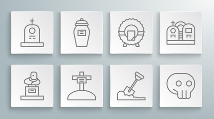 Sticker - Set line Grave with tombstone, Funeral urn, cross, Shovel in the ground, Skull, Memorial wreath,  and  icon. Vector