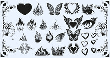 Heart With A Flame. Y2k Gothic Flame Tattoo Stickers  Black And White Isolated White Background.  Perfect Print For Tshirt. Vector Illustration