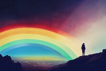 A Painting Of A Rainbow In The Sky With Trees And Stars In The Sky Behind It And A Person Standing On A Hill Looking At The Sky. Generative Ai