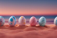 Easter Eggs Scattered On A Sunrise Beach - Generative AI