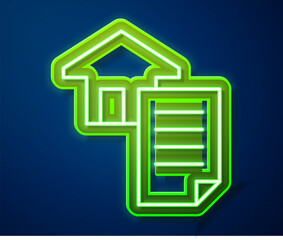 Poster - Glowing neon line House contract icon isolated on blue background. Contract creation service, document formation, application form composition.  Vector