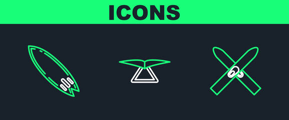 Sticker - Set line Ski and sticks, Surfboard and Hang glider icon. Vector