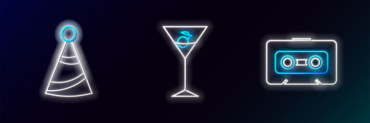 Sticker - Set line Retro audio cassette tape, Party hat and Martini glass icon. Glowing neon. Vector