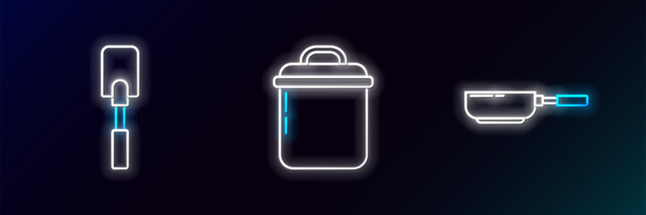 Poster - Set line Frying pan, Spatula and Cooking pot icon. Glowing neon. Vector