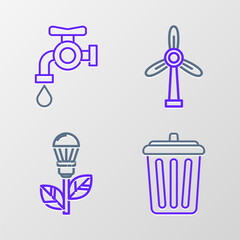 Poster - Set line Trash can, Light bulb with leaf, Wind turbine and Water tap icon. Vector