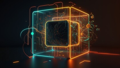 Wall Mural - technology virtual reality blockchain neon cube data stream background created with generative ai technology
