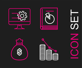 Poster - Set line Pie chart infographic and coin, Money bag, User manual and Computer monitor with icon. Vector