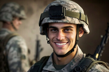 young adult man is soldier in soldier uniform and helmet, fictional army and person and location. Generative AI