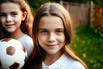 Two young girls are outside in the garden on a green meadow, with a soccer ball in the daylight in spring or summer, in the morning or at sunset, playing in the garden. Generative AI