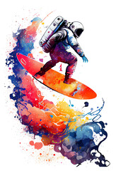 astronauts surf on a surfboard in space with stars watercolor painting, planets, PNG transparent background, generative AI.