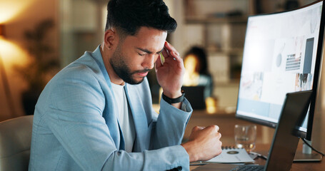 Wall Mural - stress, night and headache with businessman at desk for deadline, schedule or compliance. tired, acc