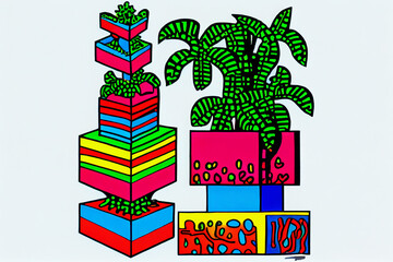 Wall Mural - Different tropical plant stack, pop art, contemporary art Generative AI