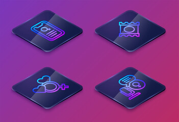 Sticker - Set Isometric line Dating app, Female gender, Condom package and Microphone. Blue square button. Vector