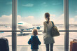 Mother and children with backpacks stand at the window of the terminal and look at the plane preparing for the takeoff flight. Generative AI
