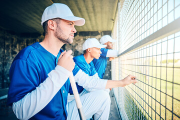 Sticker - Sports, fitness and baseball with man in dugout for thinking, training and planning strategy. Relax, teamwork and workout with group of people in park stadium for focus, competition match or coaching