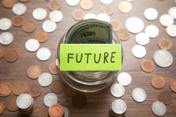 Poster - Jar of coins and word Future. Concept of saving money for future